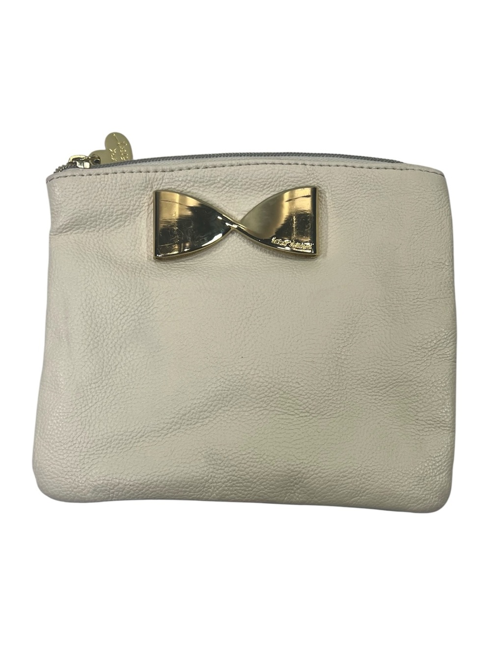 Betsey Johnson Clay White Makeup Bag Zipper Pouch With Gold Bow Zipper Charm